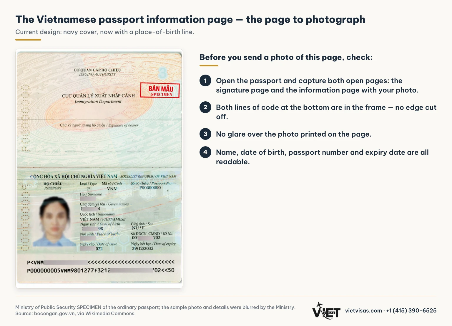 Ministry of Public Security SPECIMEN: the signature page and the information page with a photo from the current Vietnamese passport, with four things to check before sending a photo of it.