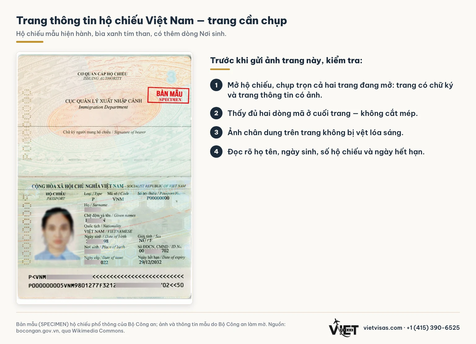 Bản mẫu (SPECIMEN) của Bộ Công an: trang chữ ký và trang thông tin có ảnh của hộ chiếu Việt Nam mẫu hiện hành, kèm bốn điểm cần kiểm tra trước khi gửi ảnh.